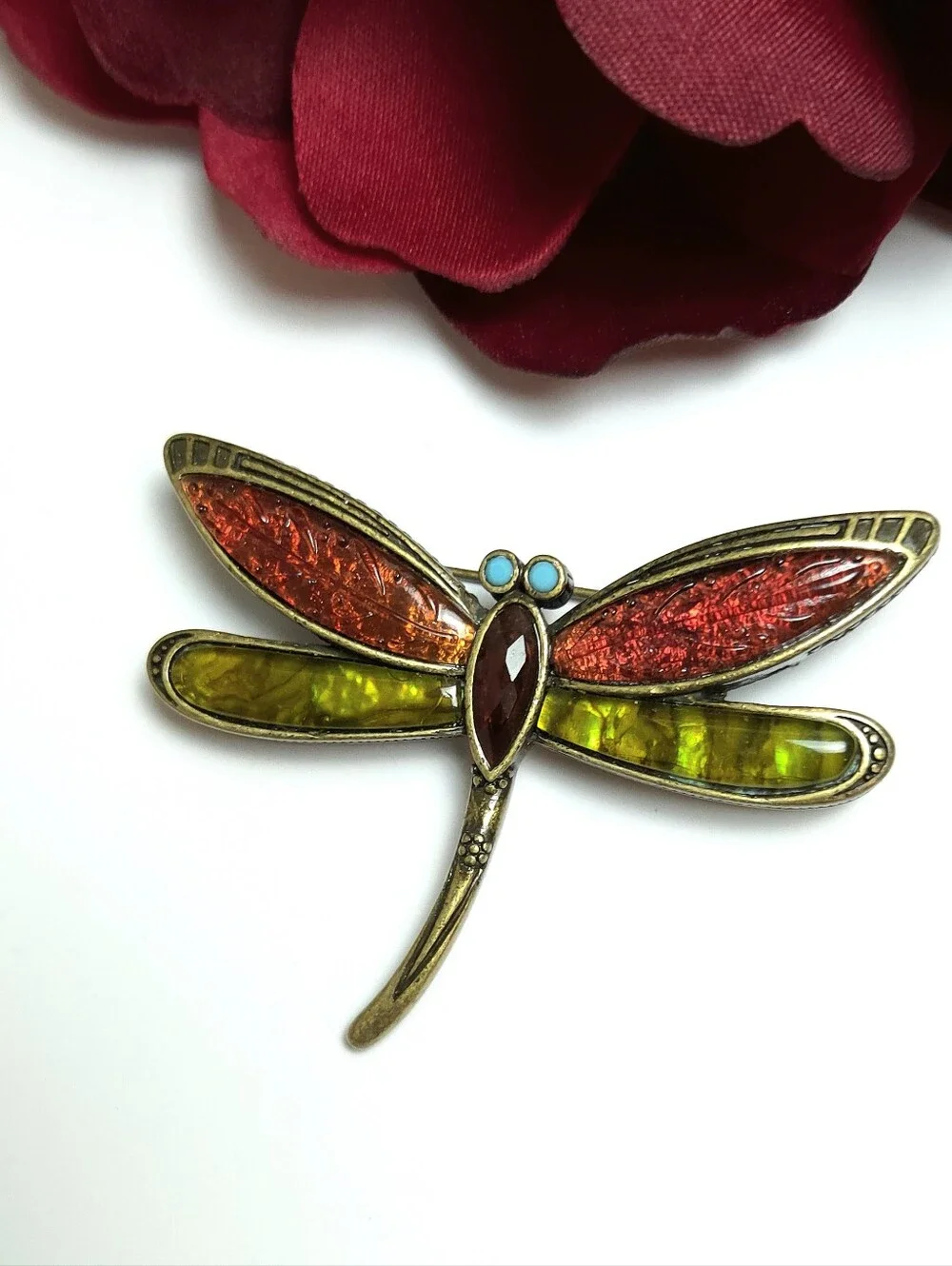 Vintage Liz Claiborne Red Lucite & Abalone Dragon Fly Brooch Antiqued Gold